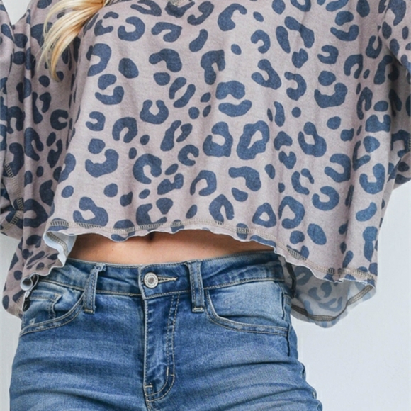 NWT Taupe Leopard Vneck Oversized Cropped Top - Picture 2 of 7